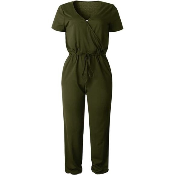Women's Summer Casual Deep V Neck Wrap Waist Jumpsuit Romper Army Green - Picture 4 of 5